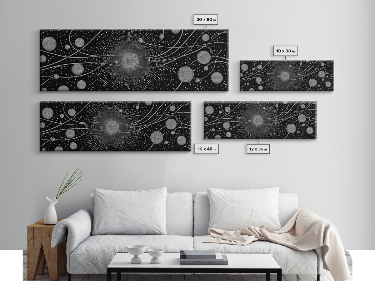 Black And White Particle Galaxy Framed Canvas Print, Modern Abstract Art, Sci Fi Space Wall Decor, Minimalist Office Poster