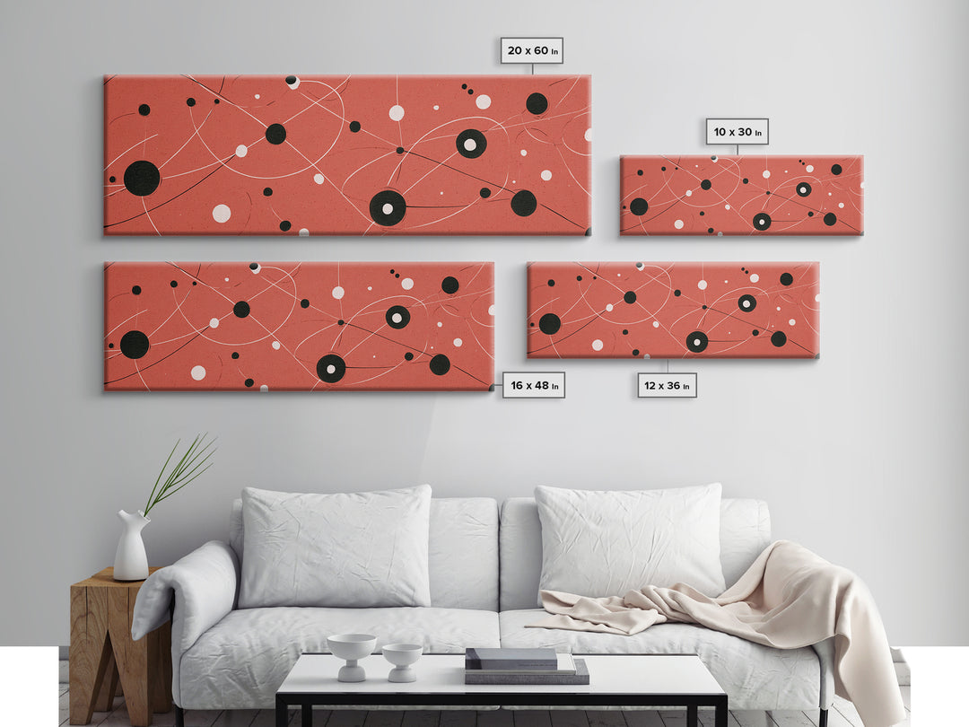 Coral Atomic Orbit Abstract With Black And White Dots, Midcentury Modern Wall Art, Retro Space Poster, MCM Home Decor, Large Canvas Print