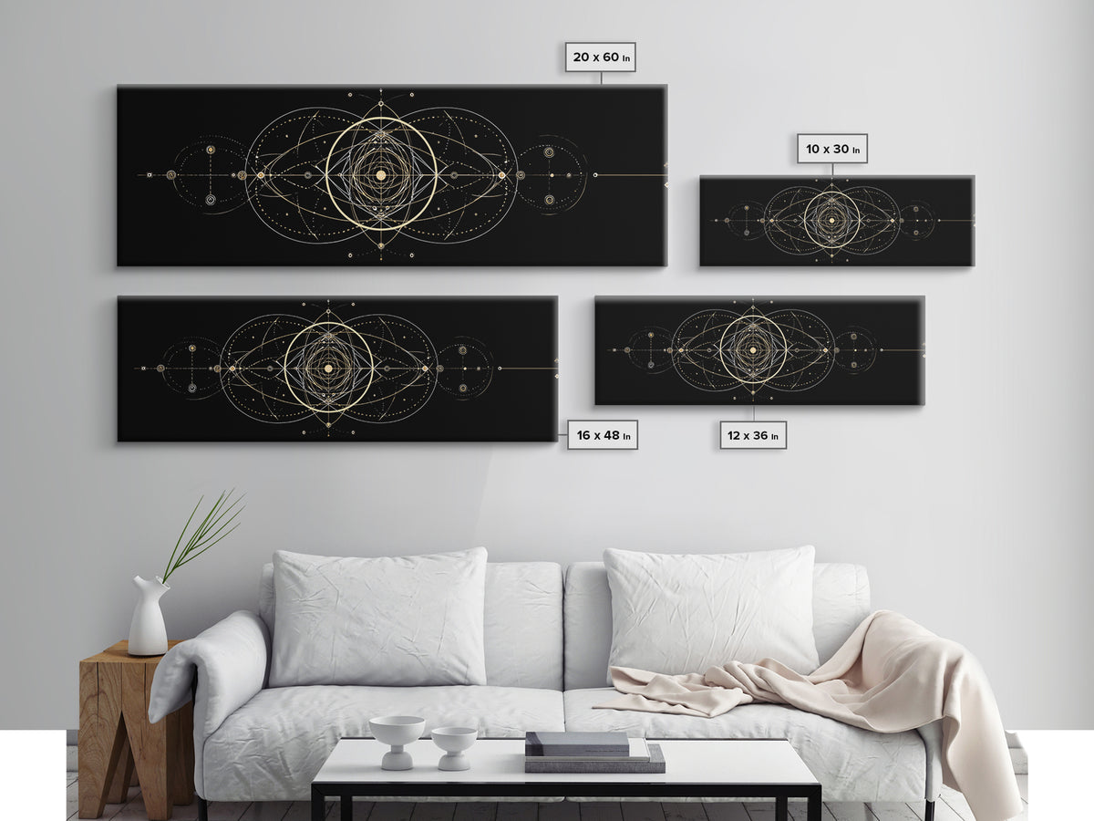 Gold Sacred Geometry Mandala On Black, Spiritual Wall Art, Modern Abstract Art Print, Celestial Framed Canvas Print, Home Decor
