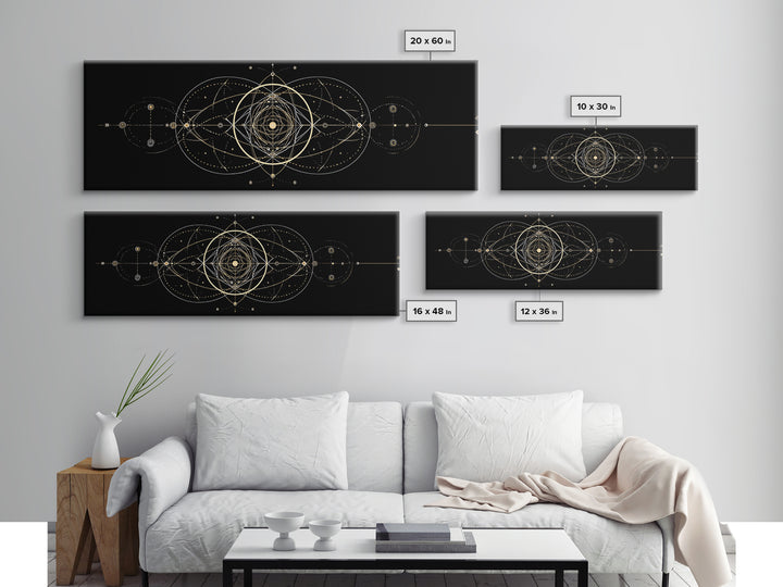 Gold Sacred Geometry Mandala On Black, Spiritual Wall Art, Modern Abstract Art Print, Celestial Framed Canvas Print, Home Decor