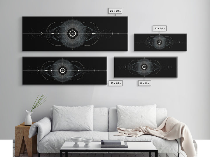 Black And White Geometric Wave Meditation Diagram, Spiritual Wall Art, Modern Abstract Print, Op Art Framed Canvas Print
