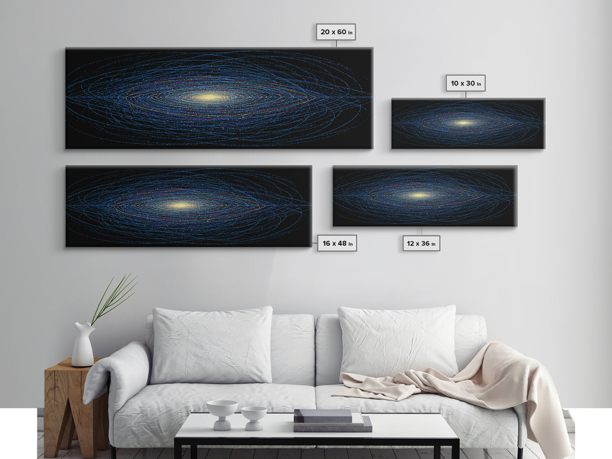 Blue Orbital Galaxy Lines On Black With Yellow Center, Space Abstract Wall Art, Modern Digital Art Print, Sci Fi Canvas Print