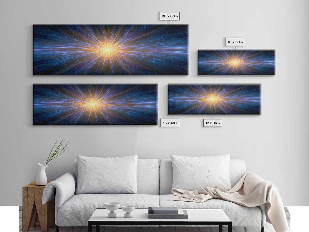 Radiant Blue And Gold Light Burst Horizon, Space Abstract Wall Art, Modern Digital Art Print, Sci Fi Canvas Print For Home