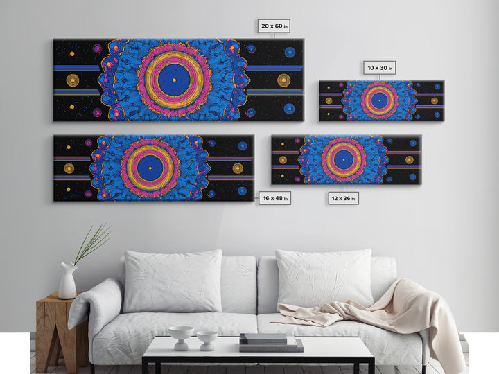 Blue Pink Cosmic Mandala Canvas Print, Psychedelic Abstract Wall Art, Retro Space Poster, Modern Geometric Home Decor Print
