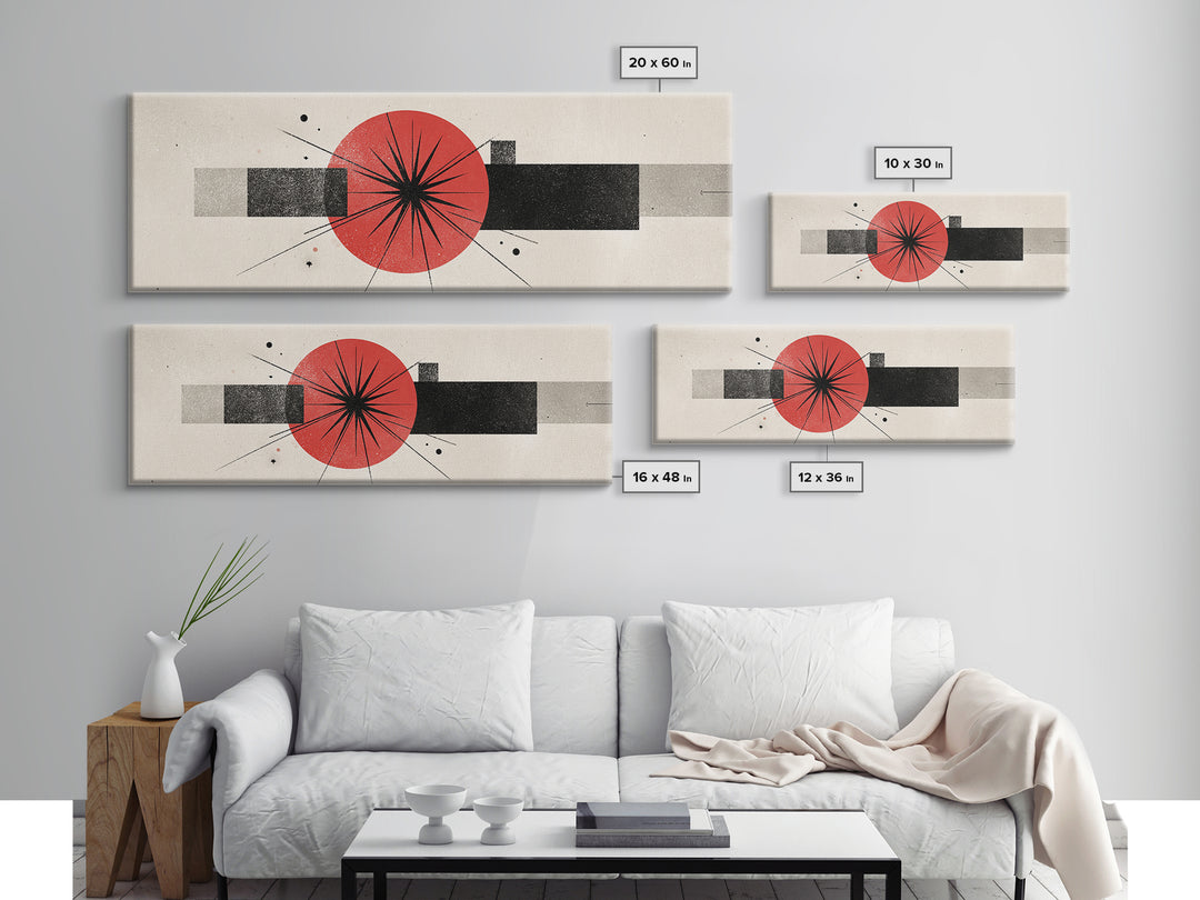 Red Black Atomic Starburst Framed Canvas Print, Midcentury Modern Wall Art, Minimal Geometric Decor, Retro MCM Poster Gift