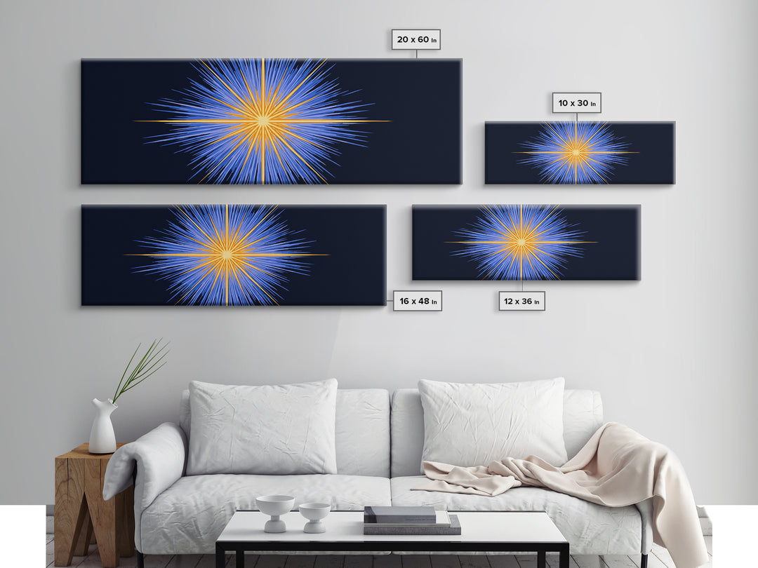 Blue Orange Radiant Starburst Canvas Print, Modern Abstract Wall Art, Cosmic Space Poster, Bold Geometric Living Room Decor