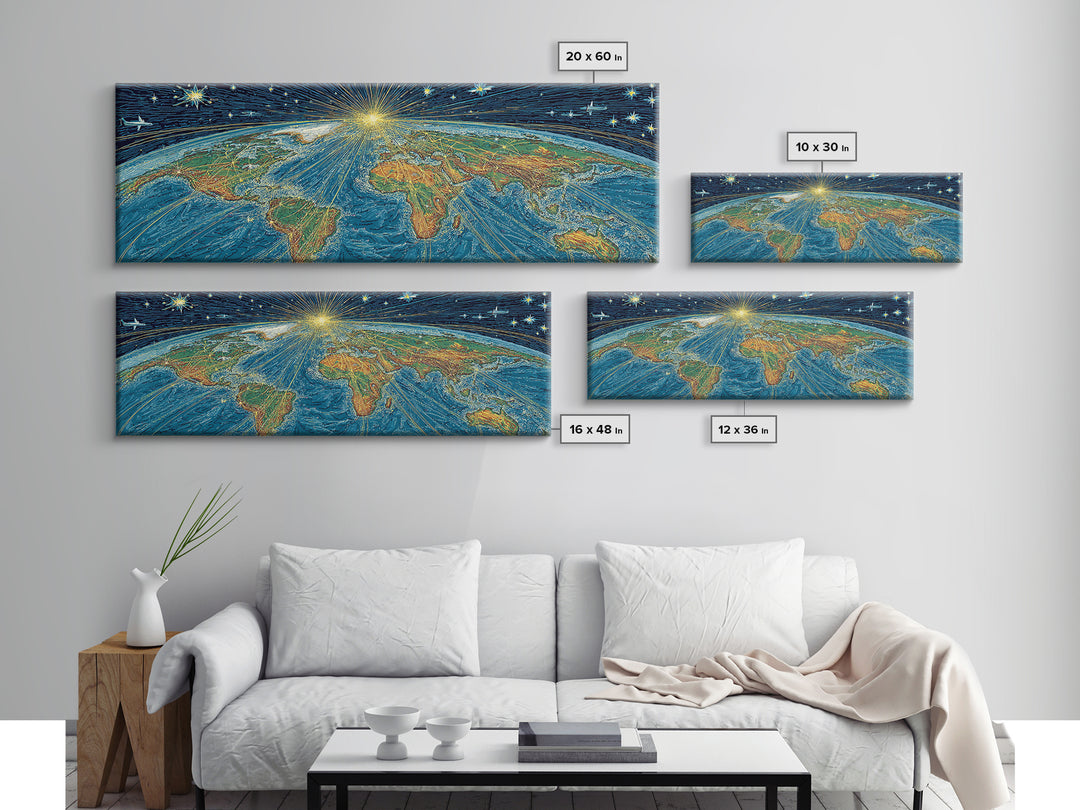 Radiant Earth From Space Wall Art, Midcentury Modern Map Poster, Cosmic Retro Illustration Canvas Print, Blue Home Decor