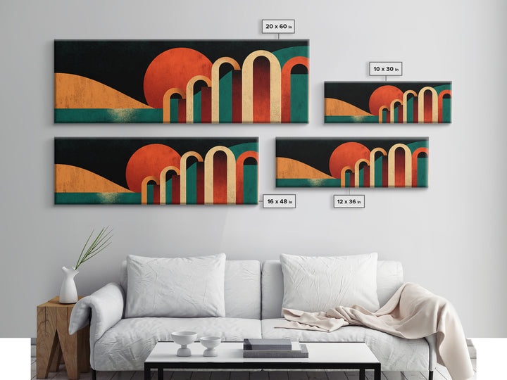 Desert Sunset With Teal Horizon And Retro Arches Canvas Print, Mid Century Modern Wall Decor, MCM Abstract Orange Art Poster
