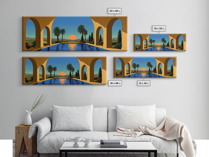 Palm Springs Pool With Golden Arches And Sunset Framed Canvas Print, Mid Century Modern Travel Poster Large Wall Art Decor