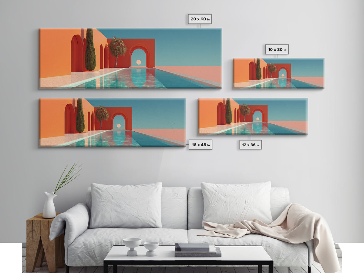 Red Arch Pool With Cypress Trees And Aqua Sky Canvas Print, Minimalist Mid Century Modern Wall Art, Palm Springs Decor Poster