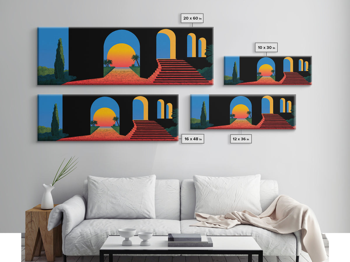 Black Blue Terrace With Sunset Portal And Red Steps Wall Art, Retro Mid Century Modern Poster, MCM Architectural Decor Print