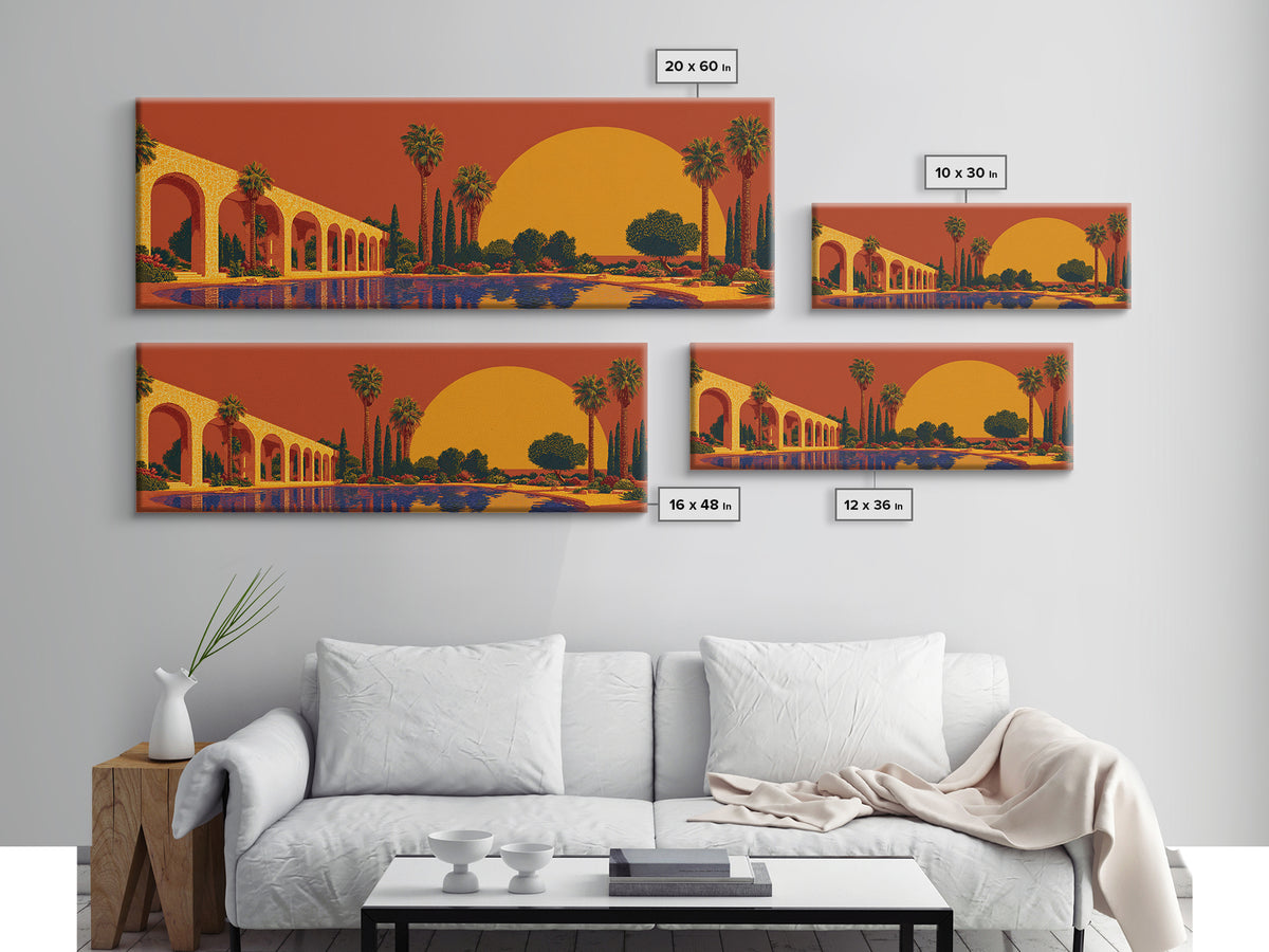 Orange Palm Oasis With Colonnade Pool And Giant Sun Framed Canvas Print, Mid Century Modern Wall Art, Retro Desert Decor