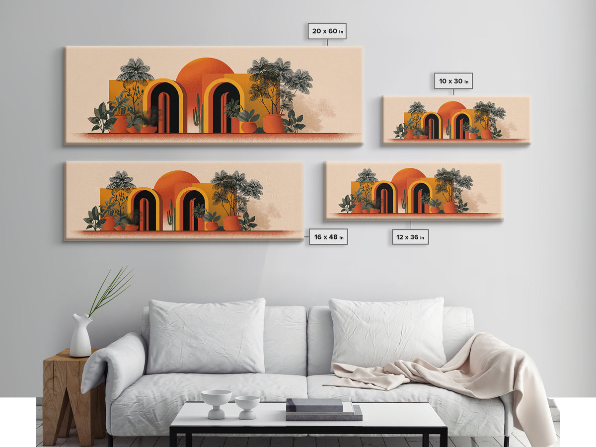 Potted Plants With Orange Sun And Rainbow Arched Doors Wall Art, Mid Century Modern Botanical Decor, MCM Desert Poster Print