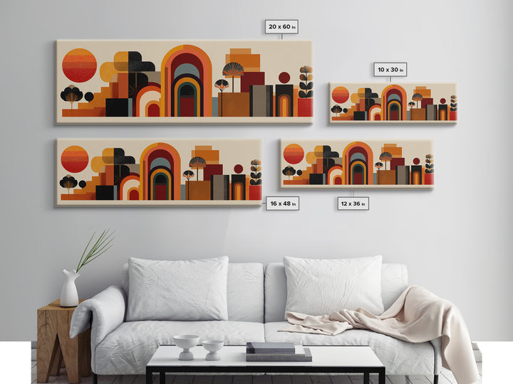 Abstract Desert Village With Arches, Sun, And Potted Plants Canvas Print, Mid Century Modern Wall Art, Geometric MCM Decor