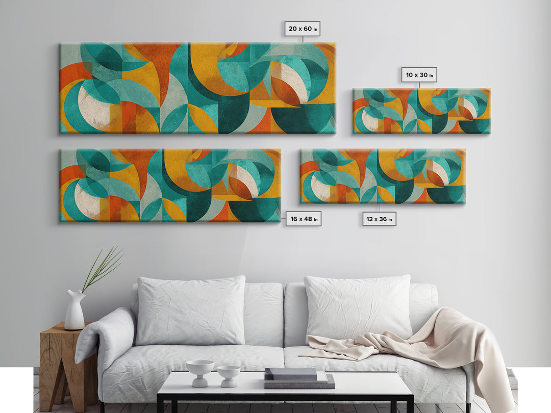 Teal Ochre Geometric Circles And Transparent Shapes Wall Art, Mid Century Modern Abstract Print, Bauhaus Colorblock Decor
