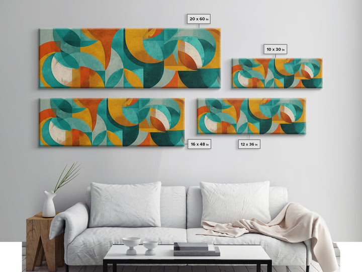 Teal Ochre Geometric Circles And Transparent Shapes Wall Art, Mid Century Modern Abstract Print, Bauhaus Colorblock Decor