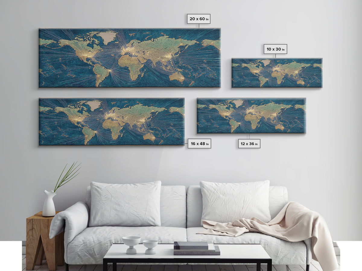 Blue Gold World Map Wall Art, Midcentury Modern Travel Poster, Geometric Global Lines Canvas Print, Office Wall Decor, Gift