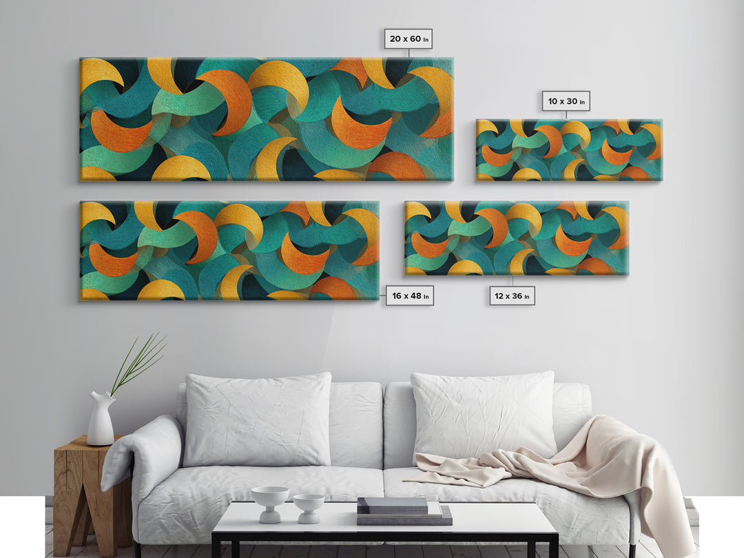 Layered Teal Orange And Gold Crescent Moon Shapes Canvas Print, Retro Mid Century Modern Wall Art, Abstract Pattern Decor