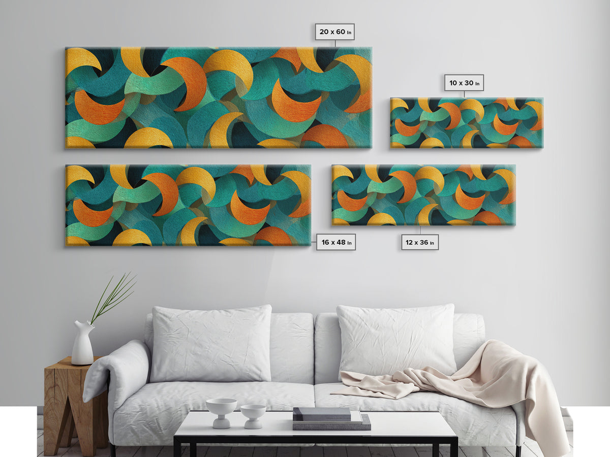 Layered Teal Orange And Gold Crescent Moon Shapes Canvas Print, Retro Mid Century Modern Wall Art, Abstract Pattern Decor