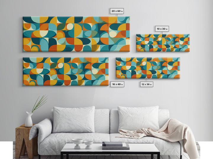 Teal Orange Aqua Rounded Geometric Shapes Canvas Print, Mid Century Modern Wall Art, Retro Bauhaus Poster, Living Room Decor