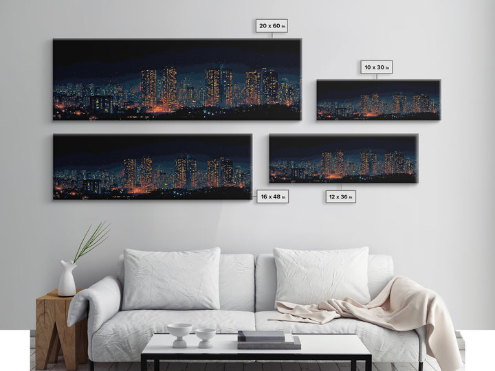 Glowing Night City Skyline Wall Art, Modern Urban Photography Print, Skyscraper Lights Poster, Apartment Living Room Decor