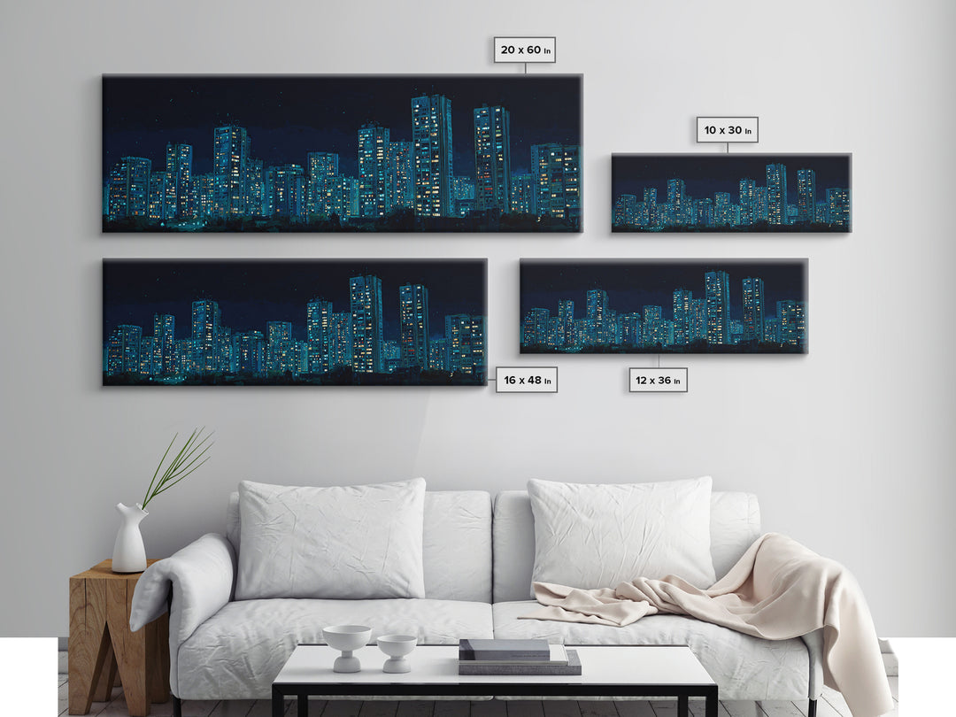 Blue Neon Night Skyline Canvas Print, Modern Cityscape Wall Art, Urban Skyscraper Poster, Contemporary Apartment Living Room Decor