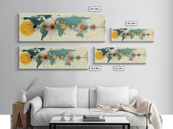 Solar System World Map Wall Art, Midcentury Modern Space Poster, Retro Planetary Lines Framed Canvas Print, Office Decor
