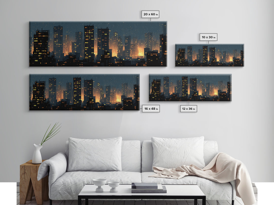 Rainy Night City Silhouette Wall Art, Moody Urban Skyline Print, Modern Skyscraper Lights Poster, Industrial Office Decor