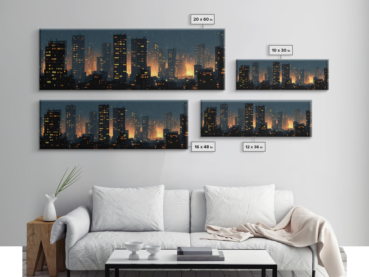 Rainy Night City Silhouette Wall Art, Moody Urban Skyline Print, Modern Skyscraper Lights Poster, Industrial Office Decor