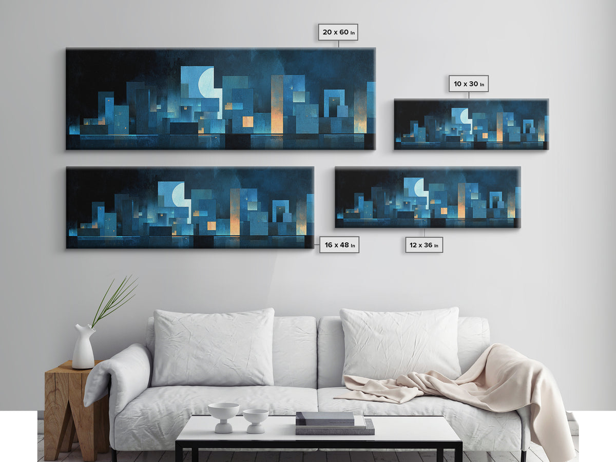 Blue Moon Geometric City Skyline Wall Art, Midcentury Modern Art Print, Abstract Urban Night Decor, MCM Living Room Poster