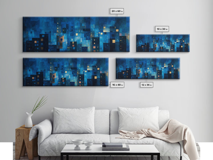 Blue Abstract City Lights Canvas Print, Modern Wall Art For Living Room, Urban Night Skyline Poster, Midcentury Home Decor