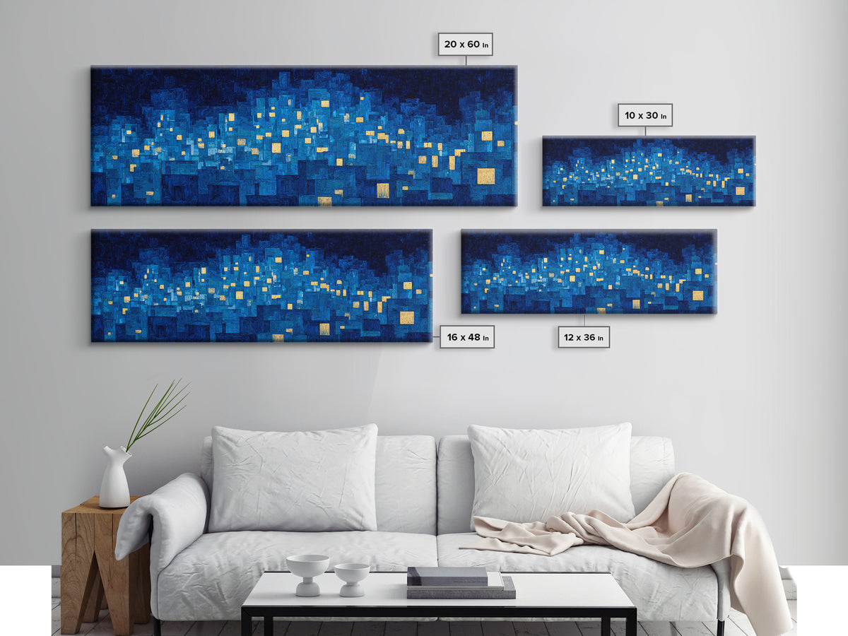 Mosaic Blue City Night Wall Art, Modern Abstract Art Print, Urban Skyline Lights, MCM Wall Decor, Large Living Room Artwork