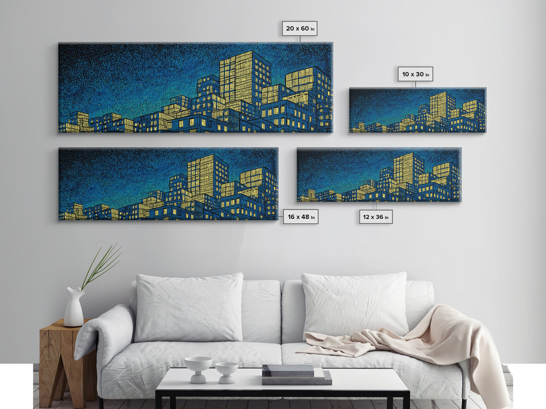 Yellow Blue Skyscraper Skyline Framed Canvas Print, Modern Wall Art, Architectural Cityscape Poster, Office Decor For Loft
