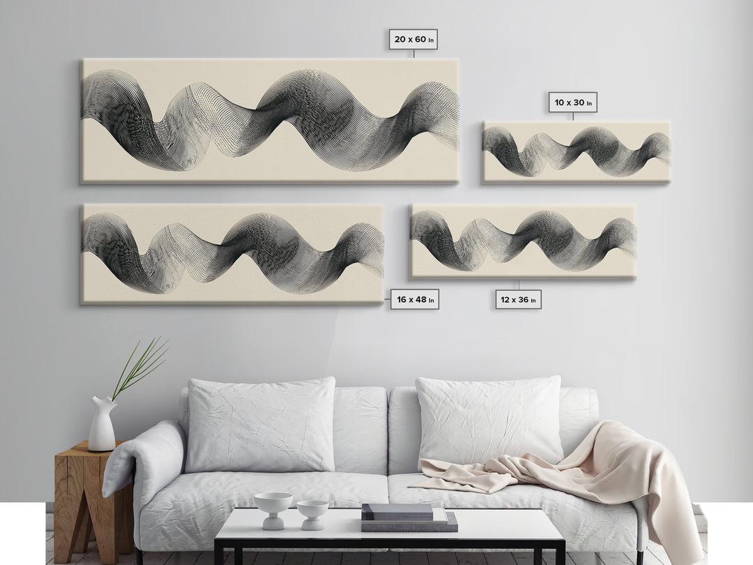 Black Ink Sine Wave Framed Canvas Print, Minimalist Abstract Wall Art, Modern Geometric Line Poster, Neutral Office Decor