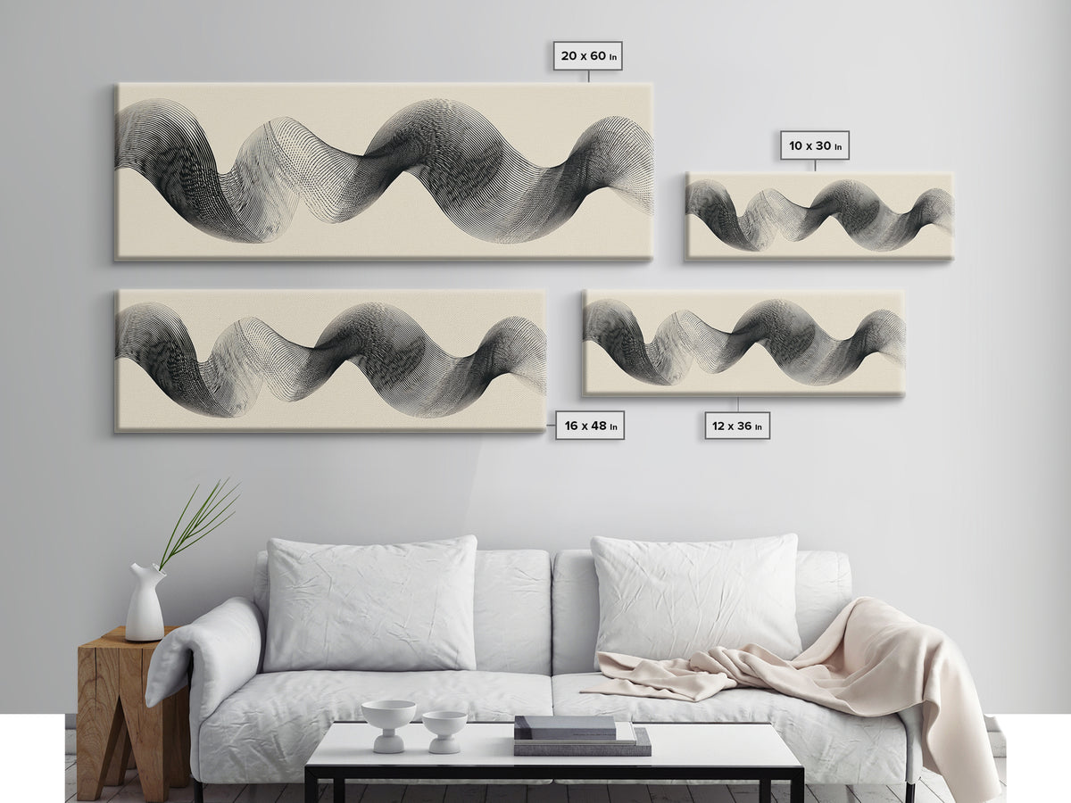 Black Ink Sine Wave Framed Canvas Print, Minimalist Abstract Wall Art, Modern Geometric Line Poster, Neutral Office Decor