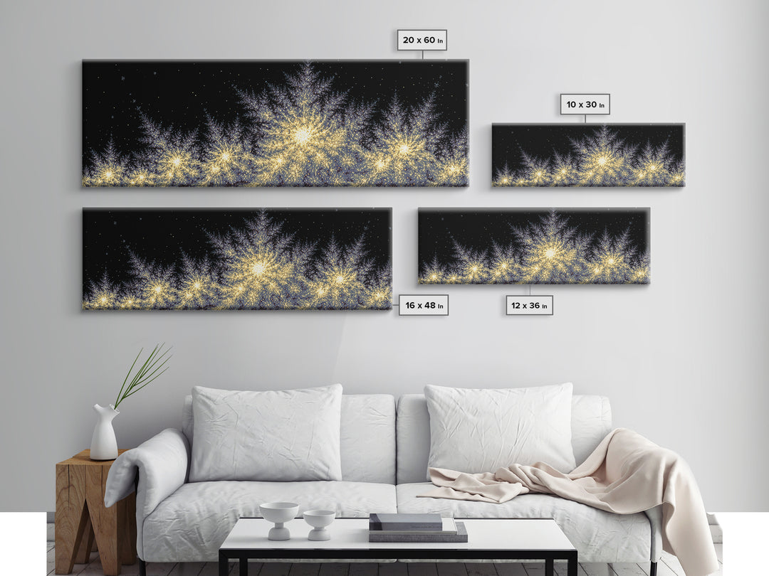 Golden Sparkling Tree Line Wall Art, Panoramic Winter Night Poster, Modern Abstract Art Print, Festive Metallic Home Decor