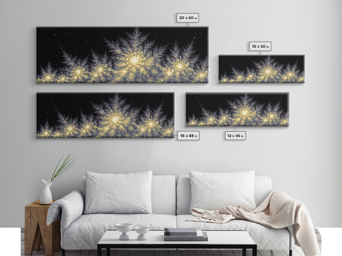 Golden Sparkling Tree Line Wall Art, Panoramic Winter Night Poster, Modern Abstract Art Print, Festive Metallic Home Decor