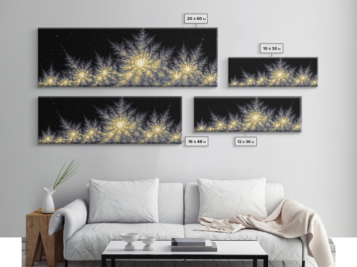 Golden Sparkling Tree Line Wall Art, Panoramic Winter Night Poster, Modern Abstract Art Print, Festive Metallic Home Decor