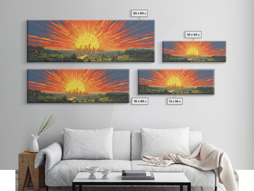 Fiery Solar Cityscape Canvas Print, Panoramic Apocalypse Sunset Poster, Bold Modern Abstract Art, Orange Wall Decor For Home