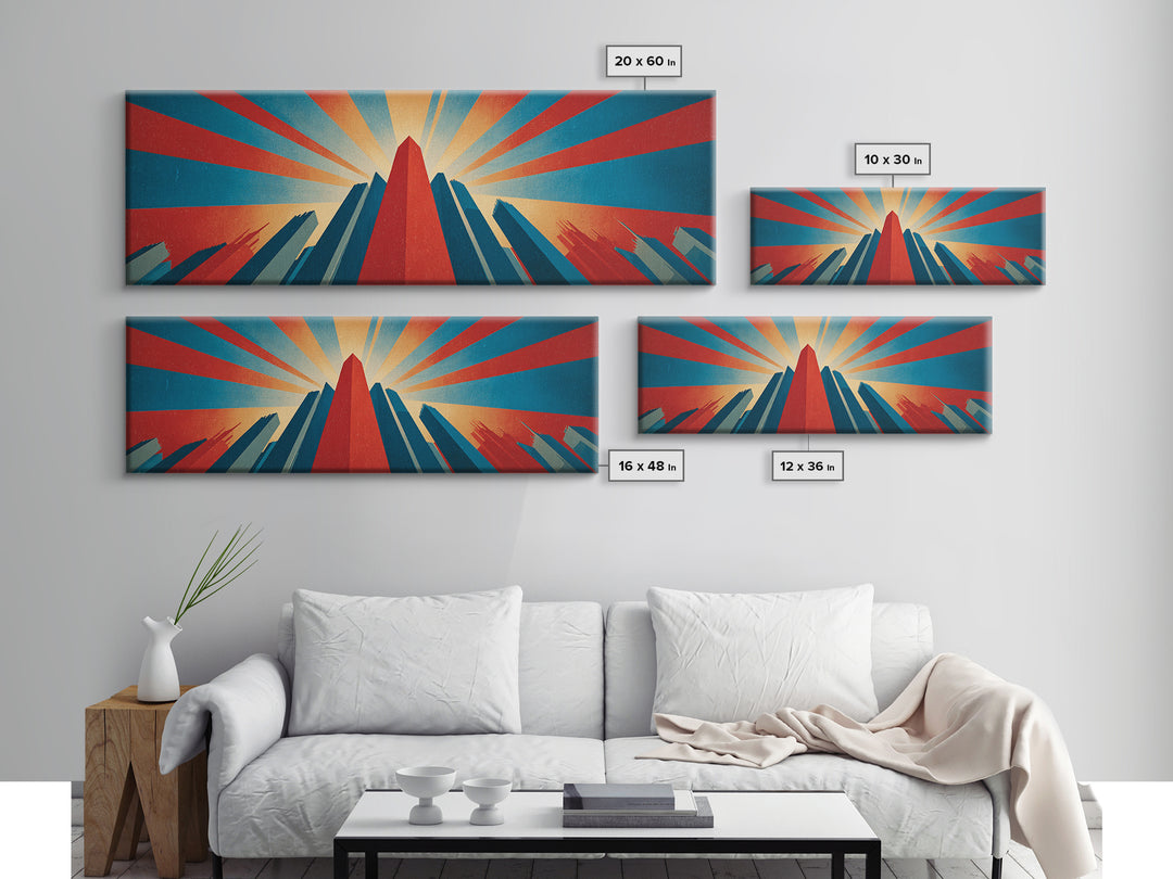 Dramatic Art Deco Skyscraper Wall Art, Panoramic Sunburst City Poster, Retro Modern Art Print, Bold Office Wall Decor Gift