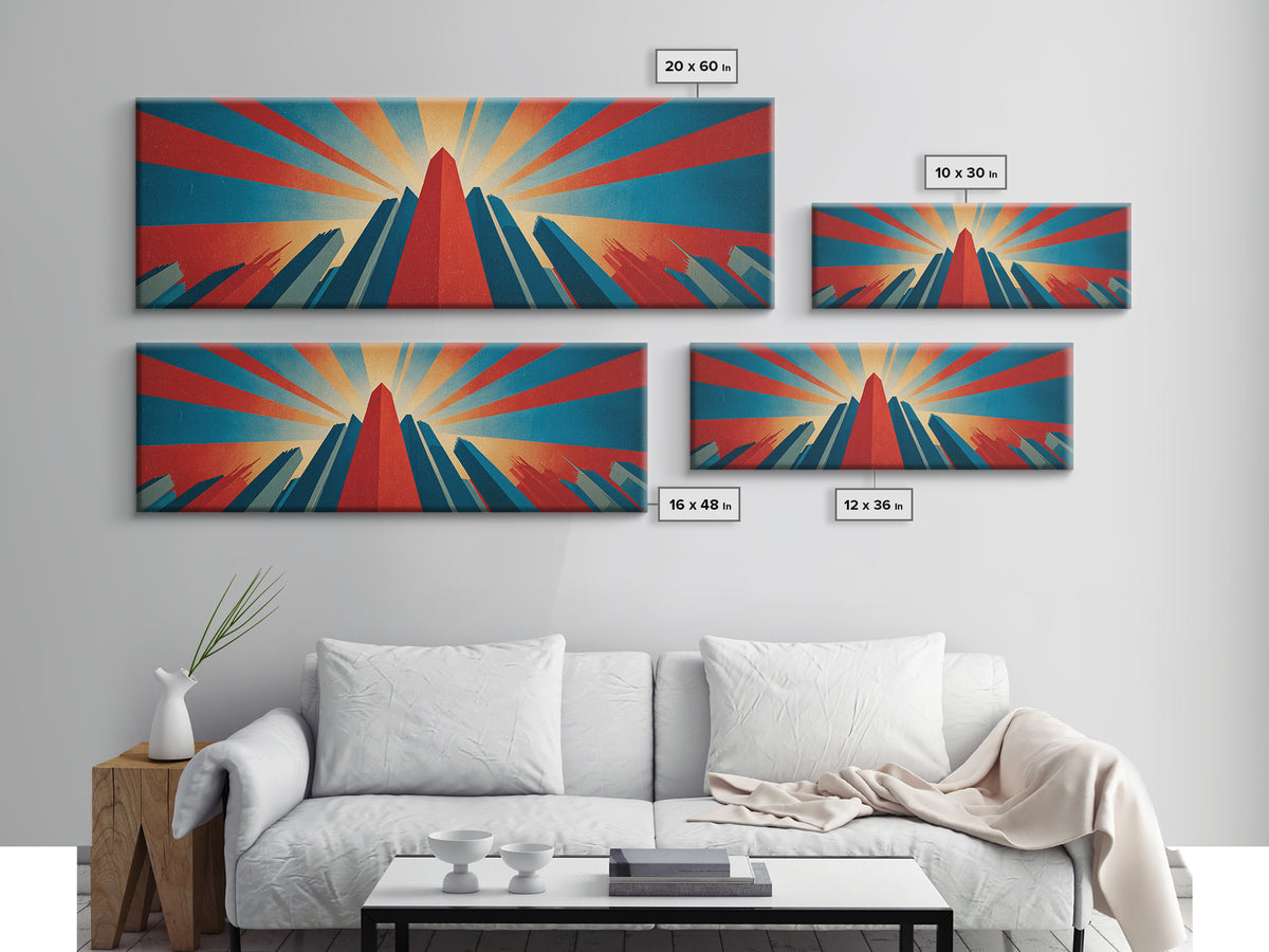 Dramatic Art Deco Skyscraper Wall Art, Panoramic Sunburst City Poster, Retro Modern Art Print, Bold Office Wall Decor Gift