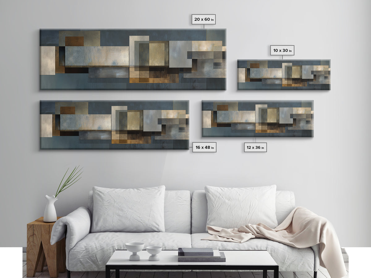 Moody Metallic Rectangle Canvas Print, Modern Abstract Wall Decor, Industrial Geometric Art, Blue Gold Home Office Artwork
