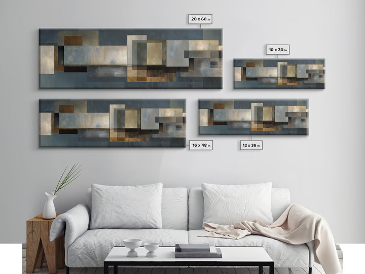 Moody Metallic Rectangle Canvas Print, Modern Abstract Wall Decor, Industrial Geometric Art, Blue Gold Home Office Artwork