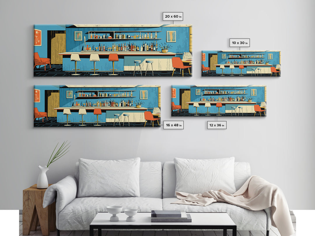 Blue Midcentury Cocktail Bar Wall Art, Retro Lounge Poster, Modern Home Decor, Framed Canvas Print, Bar Cart Wall Decor Gift