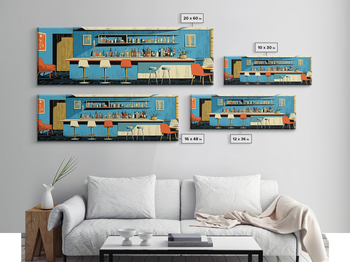 Blue Midcentury Cocktail Bar Wall Art, Retro Lounge Poster, Modern Home Decor, Framed Canvas Print, Bar Cart Wall Decor Gift