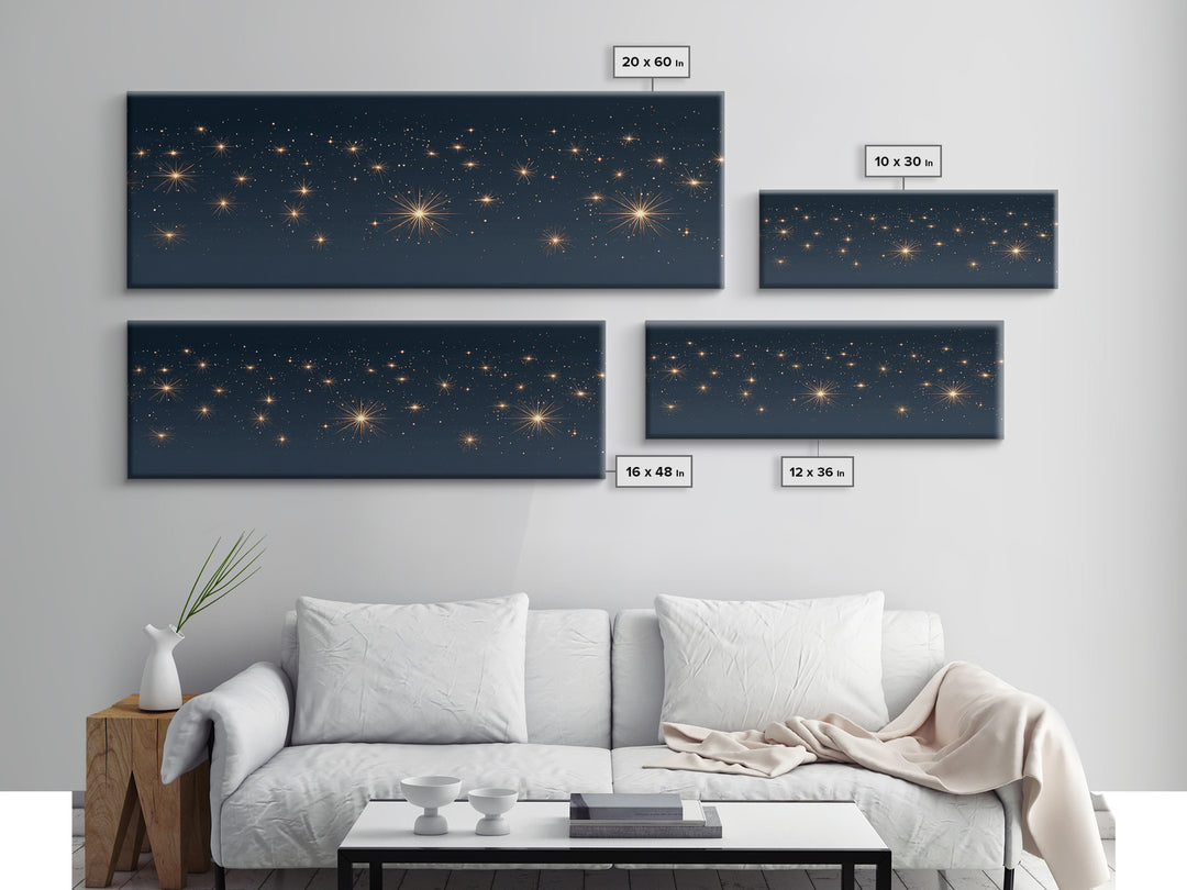 Warm Gold Starry Night Canvas Print, Cosmic Modern Wall Art, Navy Celestial Space Decor, Elegant Bedroom And Home Office Poster Gift