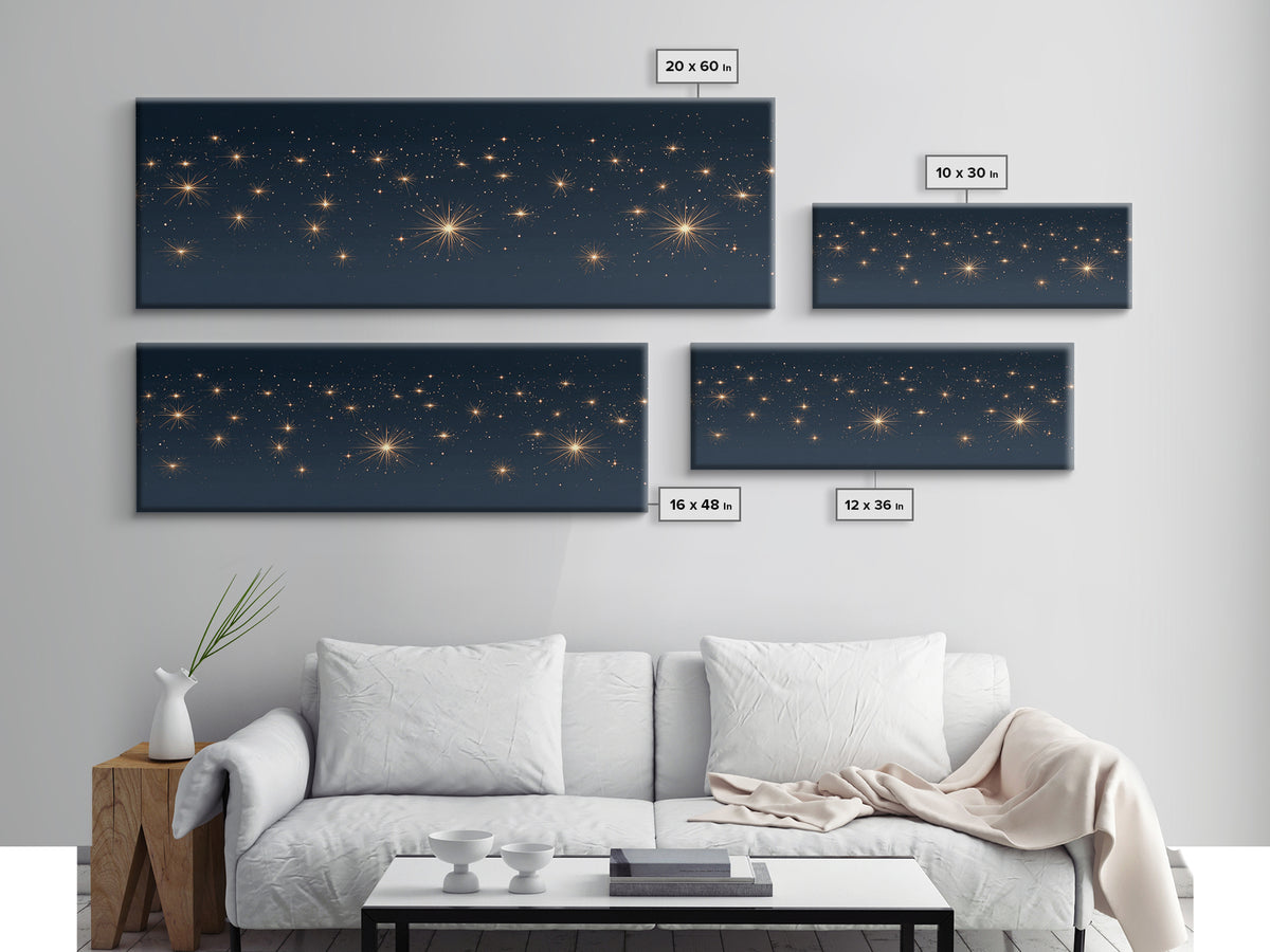 Warm Gold Starry Night Canvas Print, Cosmic Modern Wall Art, Navy Celestial Space Decor, Elegant Bedroom And Home Office Poster Gift