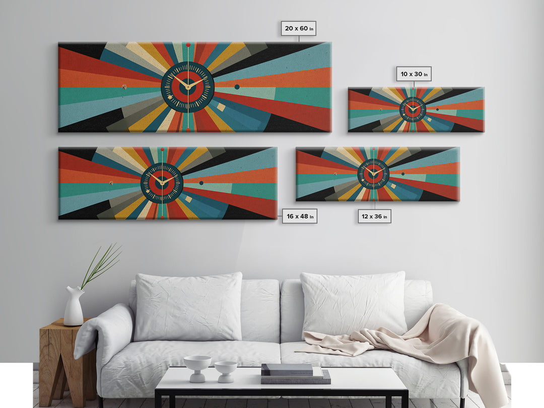 Atomic Clock Sunburst Wall Art, Midcentury Modern Canvas, Retro Geometric Poster, MCM Home Decor, Panoramic Abstract Print