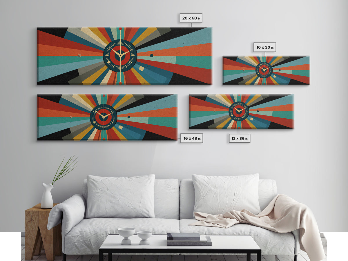 Atomic Clock Sunburst Wall Art, Midcentury Modern Canvas, Retro Geometric Poster, MCM Home Decor, Panoramic Abstract Print