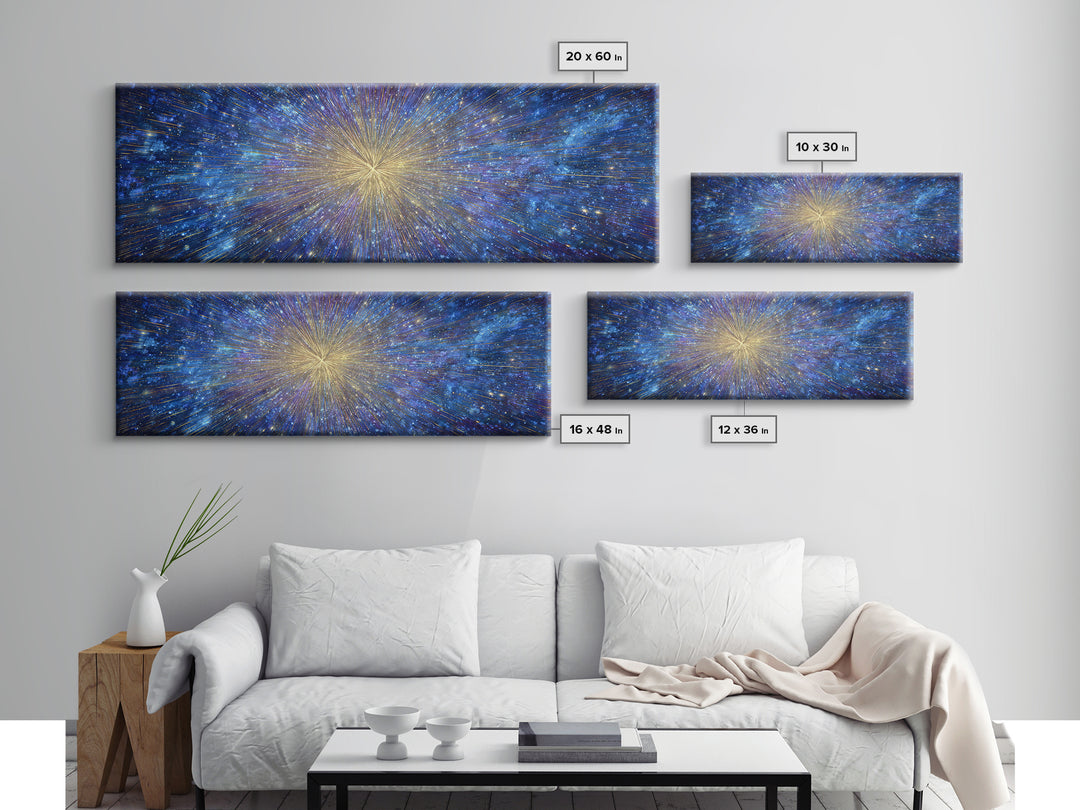 Blue Gold Cosmic Starburst Canvas Print, Space Abstract Wall Decor, Modern Digital Art, Galaxy Light Speed Panoramic Poster